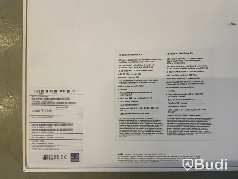 Macbook Air 13 inch 2019 Retina, 1,6 GHz Core I5, 8 GB 2133Mhz RAM, 128 GB SSD