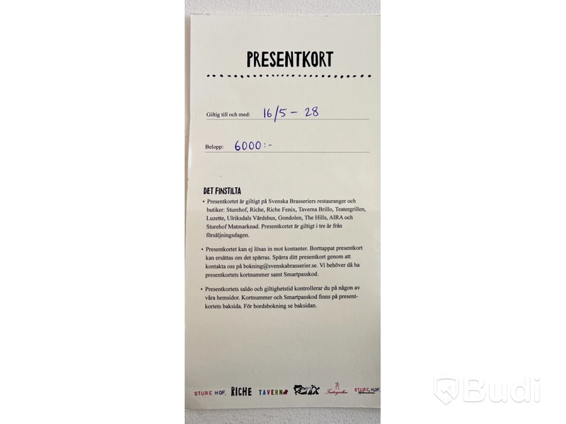 Presentkort på Svenska Brasserier
