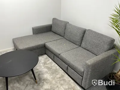 Bäddsoffa samt matta och soffbord samt skåp