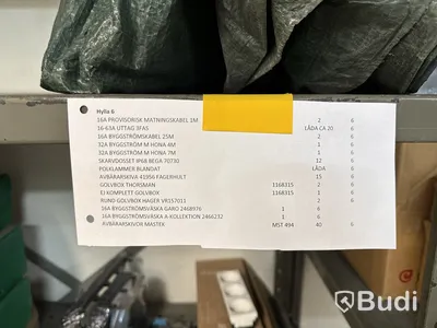 Parti med diverse elmaterial, byggströmkabel, skarvdosset m.m.
