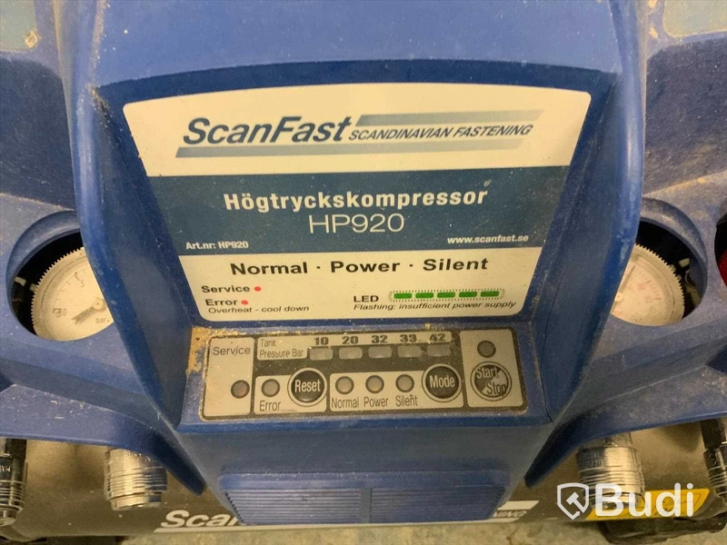 Högtryckskompressor HP920 ScanFast Höhtryck max 25 bar  Lågtryck max 11 bar Funktionstestad. Högtrycksslang på rulle ingår