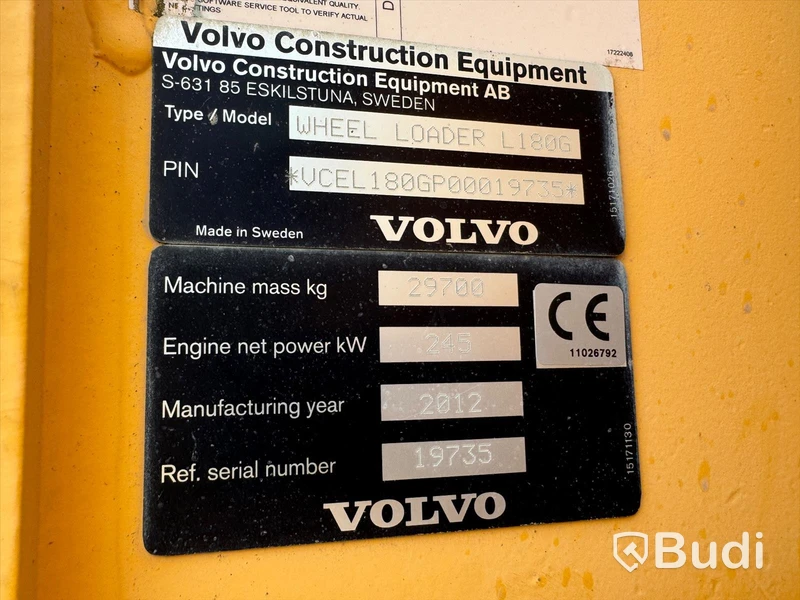 Volvo L180G - 2012 - EXPORT momsfri försäljning inom EU. Chassi no: VCEL180GP00019735 - Köpare: P.W. SAKBUD PRZEMYSLAW SAK, VAT PL4990414552 , Land: Polen, Intrastat HS code: 84295200, Vikt: 29700 kg