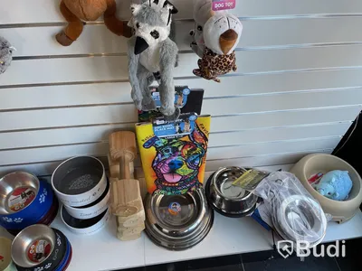 Diverse hundleksaker och matskålar