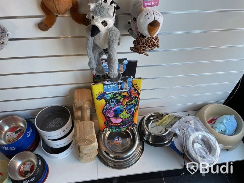 Diverse hundleksaker och matskålar