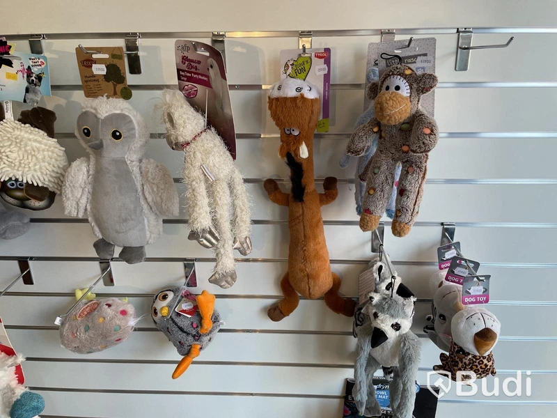 Diverse hundleksaker och matskålar