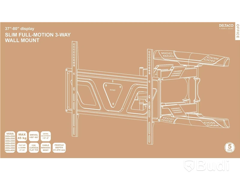 Skärmfäste DELTACO Office, slim full-motion 3-way wall, 37-80 tum