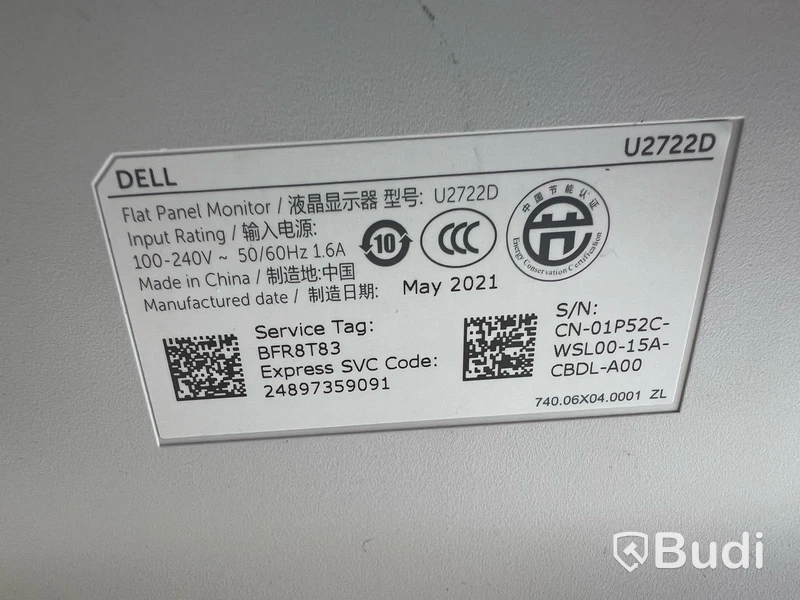 Datorskärm Dell Ultrasharp U2722D inkl. strömkabel. OBS! Defekt baksida.