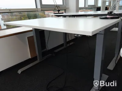 Elektriskt höj- och sänkbart skrivbord. Funktionstestat. B:120cm, D:80cm. Inkl skrivbordslampa