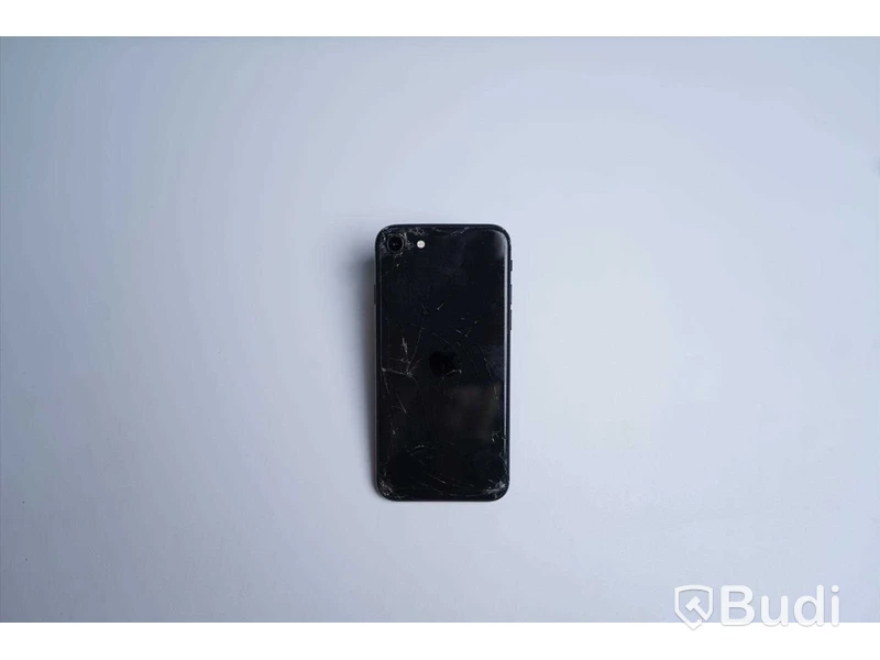 iPhone SE, 64 GB, Batterihälsa 95 procent, sprucken baksida samt mindre spricka i skärm