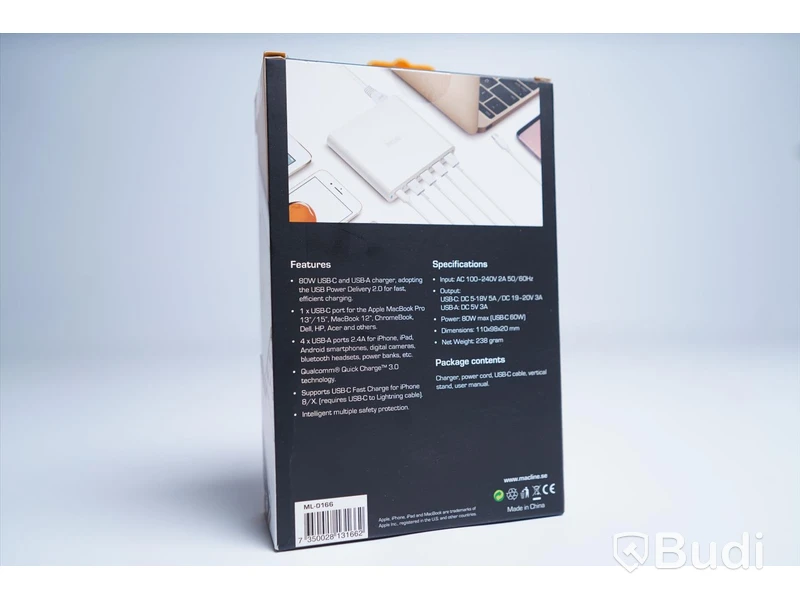 Laddare USB, MacLine Multicharger 80W 1xUSB-C och 4xUSB-A. Ny, Obruten förpackning.