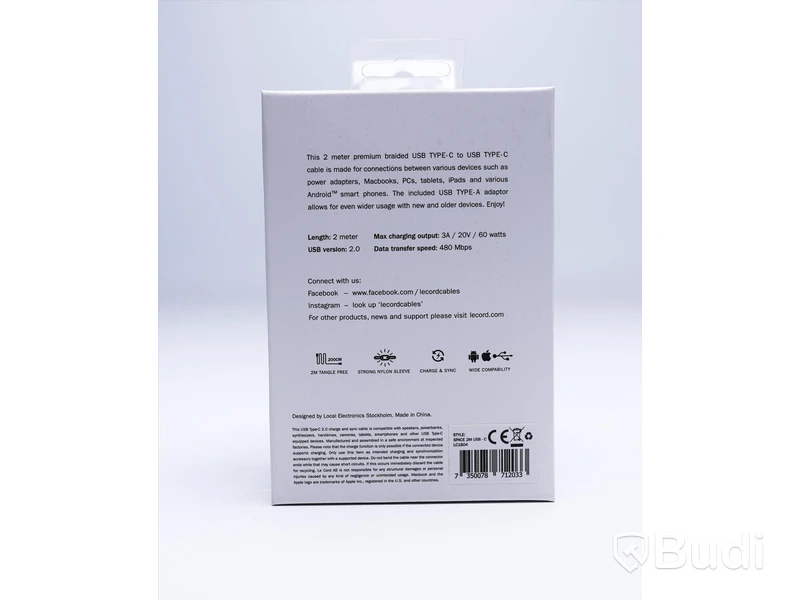 Kabel USB-C inkl adapter - 3 st, grå, guld och svart, Le Cord. Ny, Obruten förpackning.