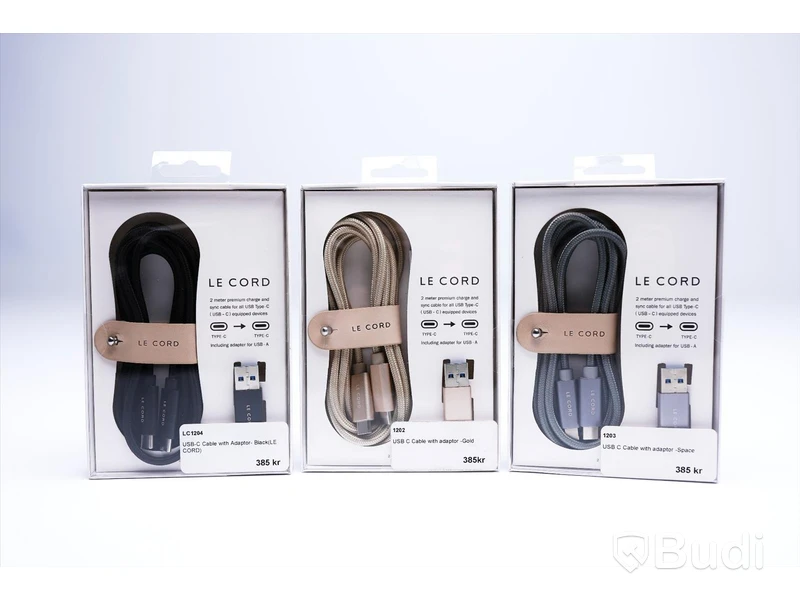 Kabel USB-C inkl adapter - 3 st, grå, guld och svart, Le Cord. Ny, Obruten förpackning.