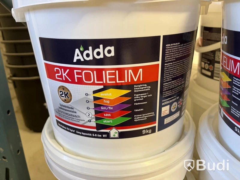 Parti folielim - ca 30 st 9kg hinkar - OBS kolla tillverkningsdatum, se bild