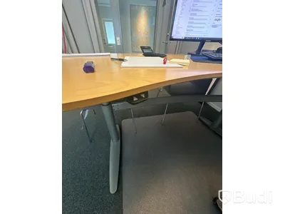 Höj- och sänkbart skrivbord Kinnarps, kontorsstol HÅG, skåp, 2 st stolar, hurts, golvdekoration