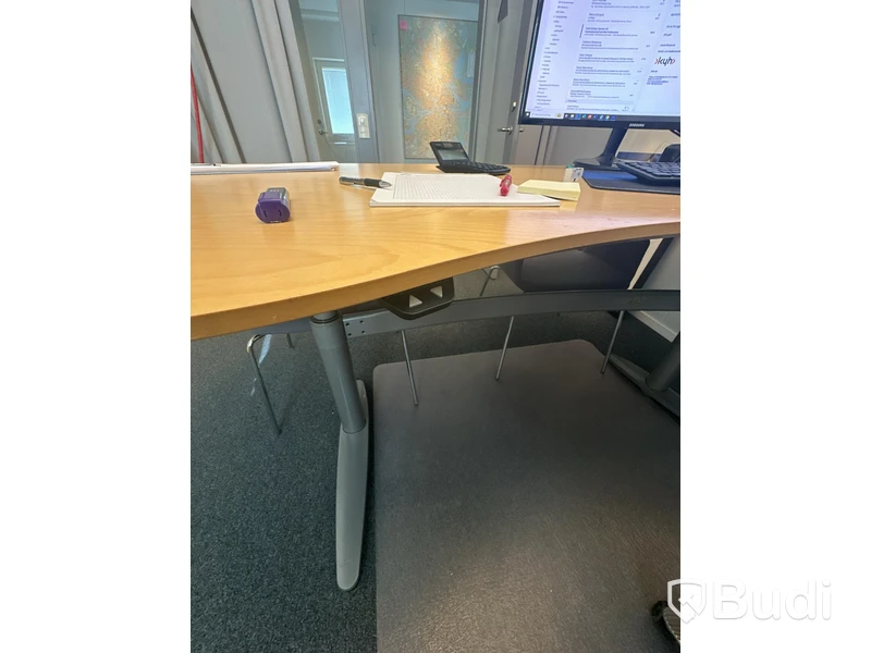 Höj- och sänkbart skrivbord Kinnarps, kontorsstol HÅG, skåp, 2 st stolar, hurts, golvdekoration