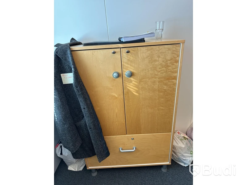 Höj- och sänkbart skrivbord Kinnarps, kontorsstol HÅG, skåp, 2 st stolar, hurts, golvdekoration