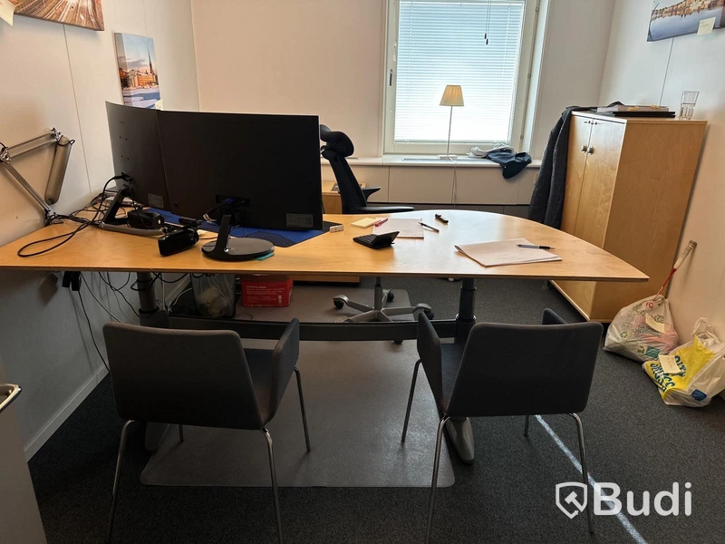 Höj- och sänkbart skrivbord Kinnarps, kontorsstol HÅG, skåp, 2 st stolar, hurts, golvdekoration