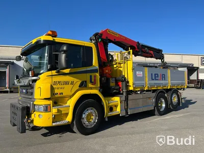 Lastbil Scania P410 Tip&kran PK22002D plogbilsförberedd