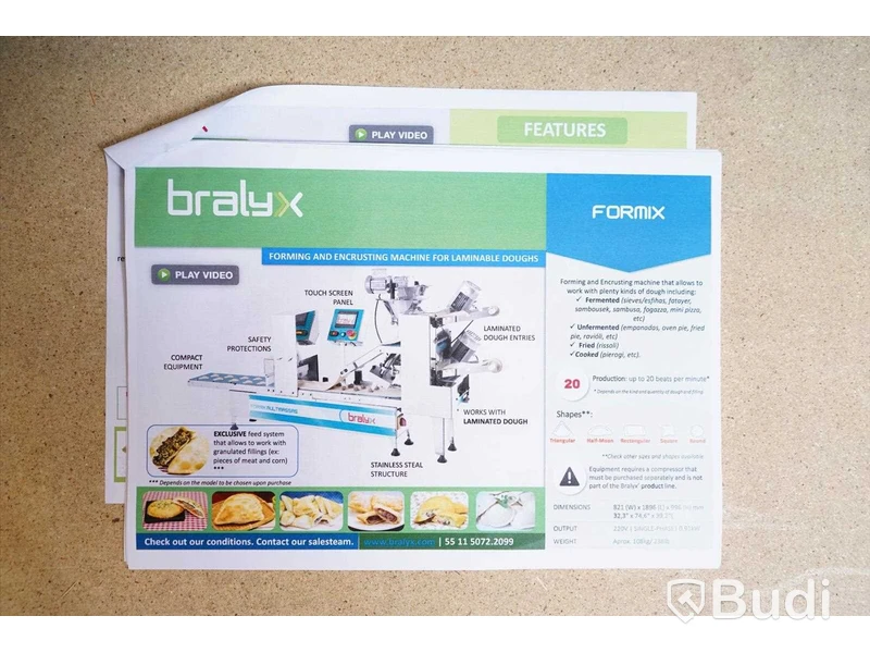 Bralyx Formix Multimassas maskin för automatiserad pirogtillverkning inkl. tillbehör och kompressor - maskin för formning och fyllning av deg (pirog, empanadas, ravioli etc.), Formix Multimassas, Bralyx; kompressor, Pro-line Herkules.