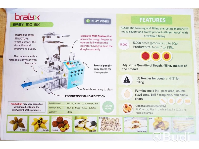 Bralyx Baby 5.0 MK .Automatiserad maskin för tillbverkning av bl.a Kibbeh (kibbe) inkl. tillbehör - för formning och fyllning av plockmat (falafel, kibbe, labneh etc.), Baby 5.0 MK, Bralyx.