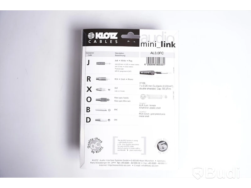 XLR-hona till RCA 8st - Klotz AL-1 Cable 3m. Ny, Obruten förpackning.