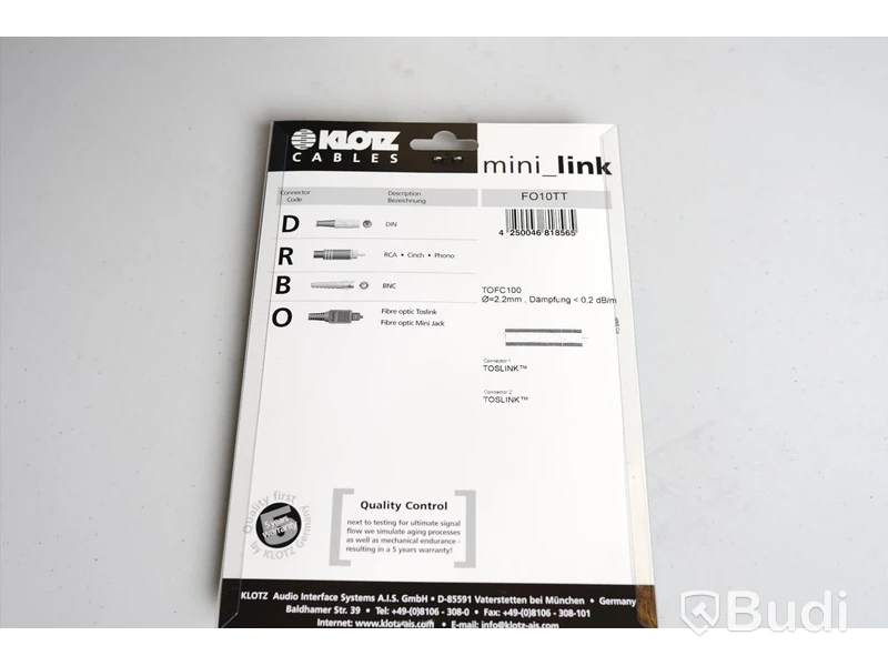 Optisk Kabel 10st - Klotz Optical Fibre Cable 10m. Ny, Obruten förpackning.