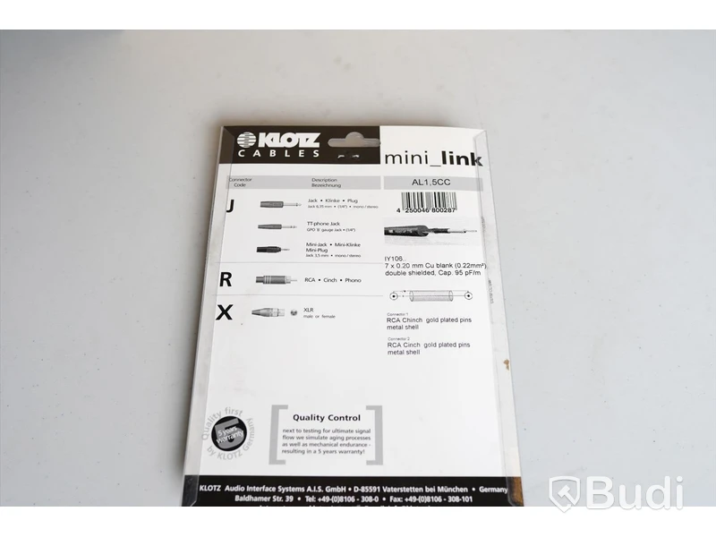 RCA Kabel 9st - Klotz AL-1 5m. Ny, Obruten förpackning.