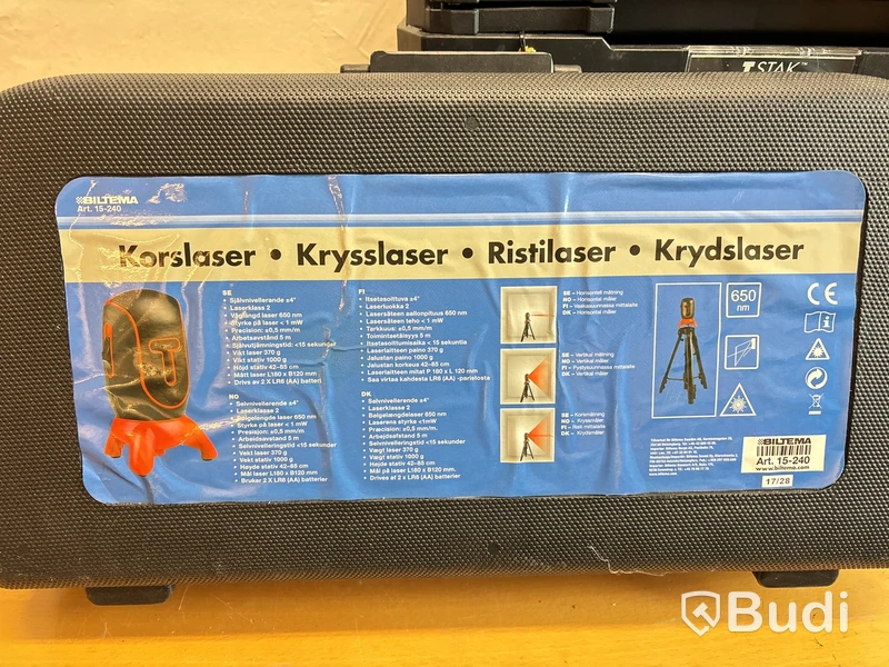 Korslaser, dammsugare, verktygslåda m.m.