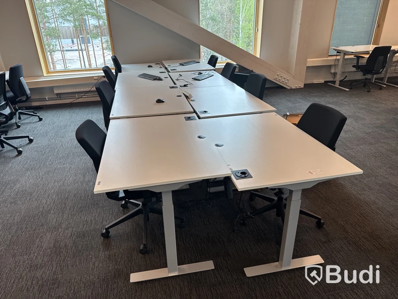 8 st. Höj- och sänkbara skrivbord och 8 st. kontorsstolar