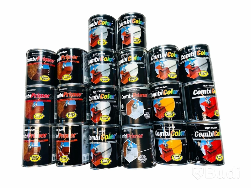 Parti med  rostskyddsprimer och metallgrundfärg Rust-oleum, CombiPrimer och CombiColour, Totalt ord. pris inkl. moms: ca 7500 kr
