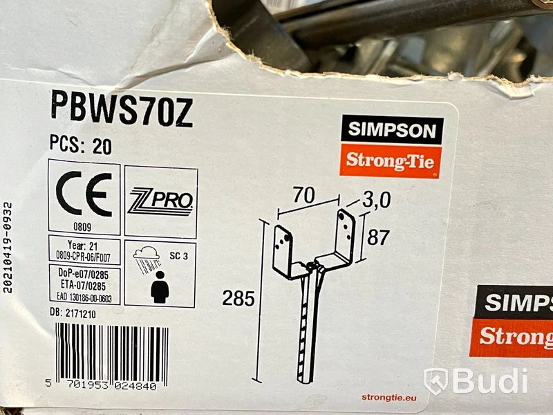 ca 20 st. Stolpsko 3x40x70x285 mm — Simpson StrongTie PBWS70Z, Totalt ord. pris inkl. moms: ca 1400 kr