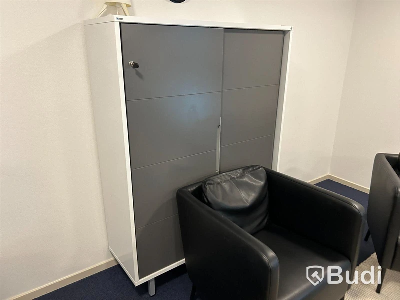 Sittgrupp med bord, fåtöljer, matta samt Edsbyn skåpförvaring