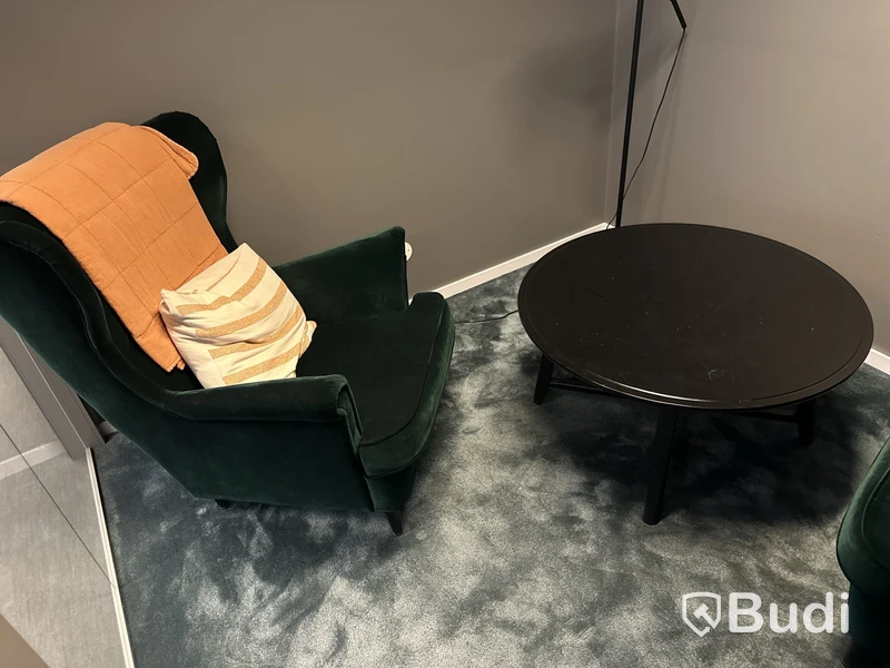 2 fåtöljer, 1 bord, 1 lampa, 1 grön tavla och 9 krokar