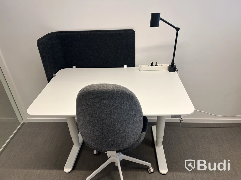 2 st höj- och sänkbara bord bekant ikea, 2 st kontorsstolar, 2 lampor och 2 väggskärmar