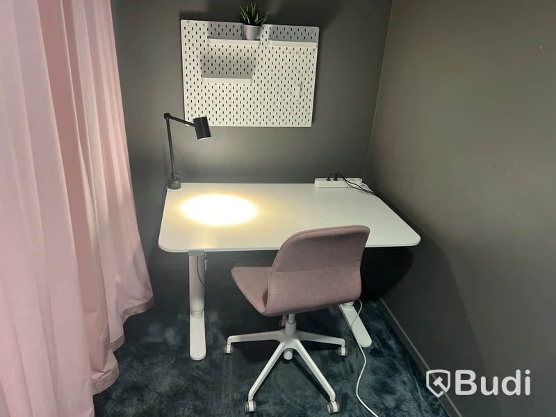 Bord, 2 stolar, 1 lampa, 1 tavla och 2 rosa gardiner