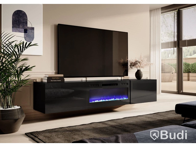 TV-bänk med elkamin Slide II, svart högglans, 200x37x40 cm Nypris: 4790 kr