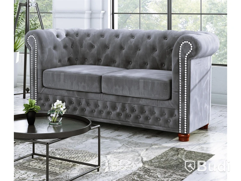 Chesterfield YORK Soffa 2-sits Grå Sammet, 148x86x72 cm Nypris: 4990 kr