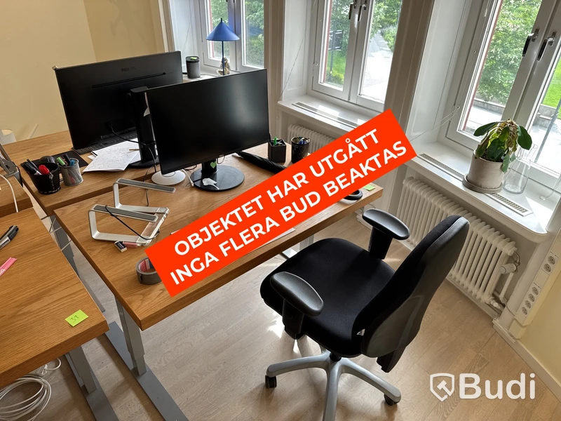 Höj- och sänkbart skrivbord i ekfanér med kontorsstol och skärm