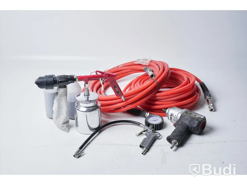 Diverse tryckluftverktyg med slang - punktsandbläster meec toolsl, AmPro air imapct wrench