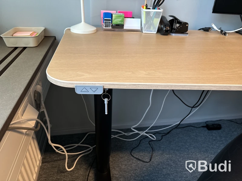 Höj- och sänkbart skrivbord, kontorsstol, datorskärm och golvskärm