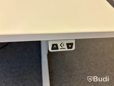 Höj- och sänkbart skrivbord, väggskärm och lampa