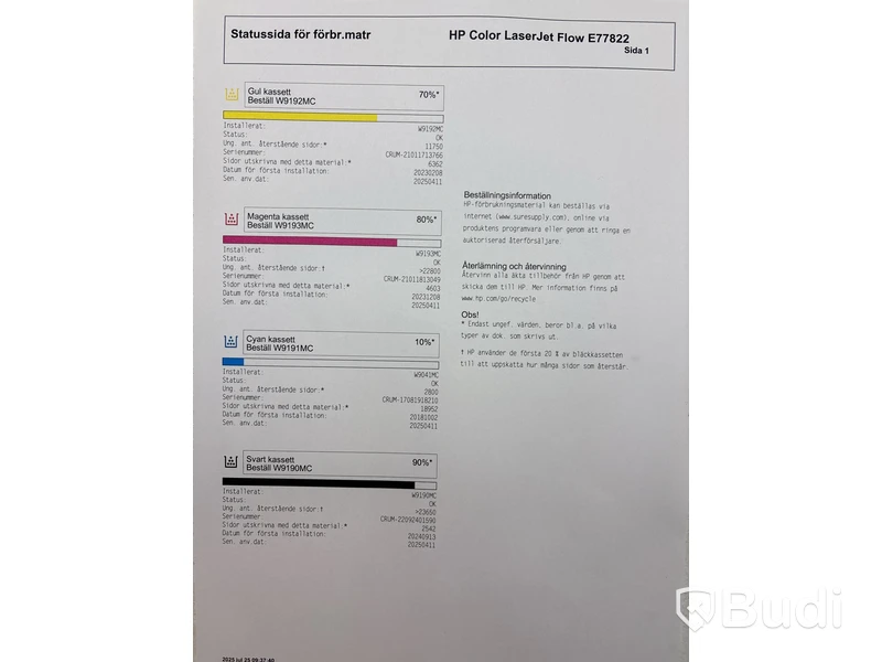 Skrivare/ kopiator/ skanner HP, Color LaserJet Flow E77822 och 2 st. Toner HP, Cyan W9041MC och Amarillo yellow W9042MC