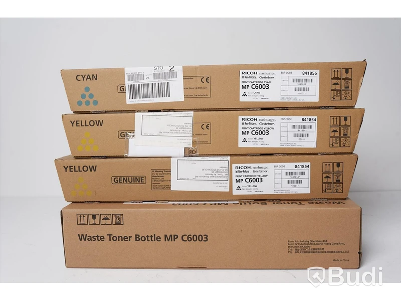 Toner 3 st. + uppsamlare för tonerspill - Ricoh, C6003: 1 st. Cyan, 2 st. Yellow och 1 st. Waste Toner Bottle.