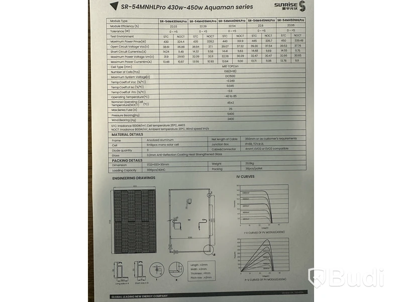 36 st. Solpaneler Sunrise SR-54M430NHLPro 430W.