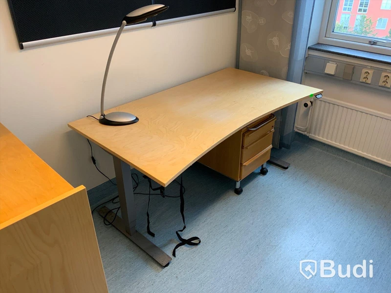 Skrivbord, elektriskt höj- och sänkbart, inklusive hurts och 2st bokhyllor. Plus skrivbordslampa.