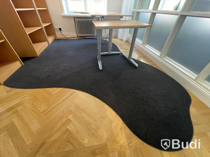 3st Hyllor, höj-och sänkbart skrivbord, sidobord och matta