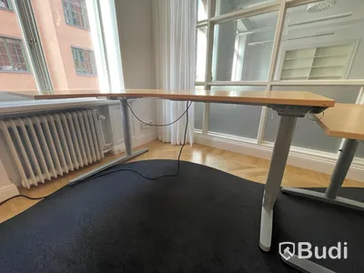 3st Hyllor, höj-och sänkbart skrivbord, sidobord och matta