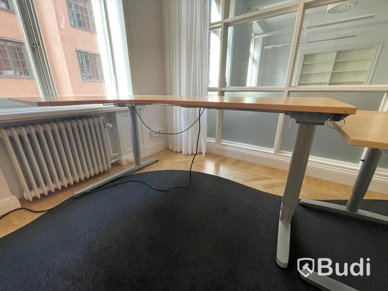 3st Hyllor, höj-och sänkbart skrivbord, sidobord och matta