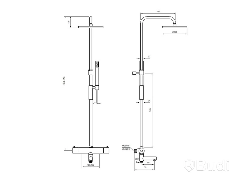 Takduschpaket för badkar Tapwell, TVM2200-160, ascot grey