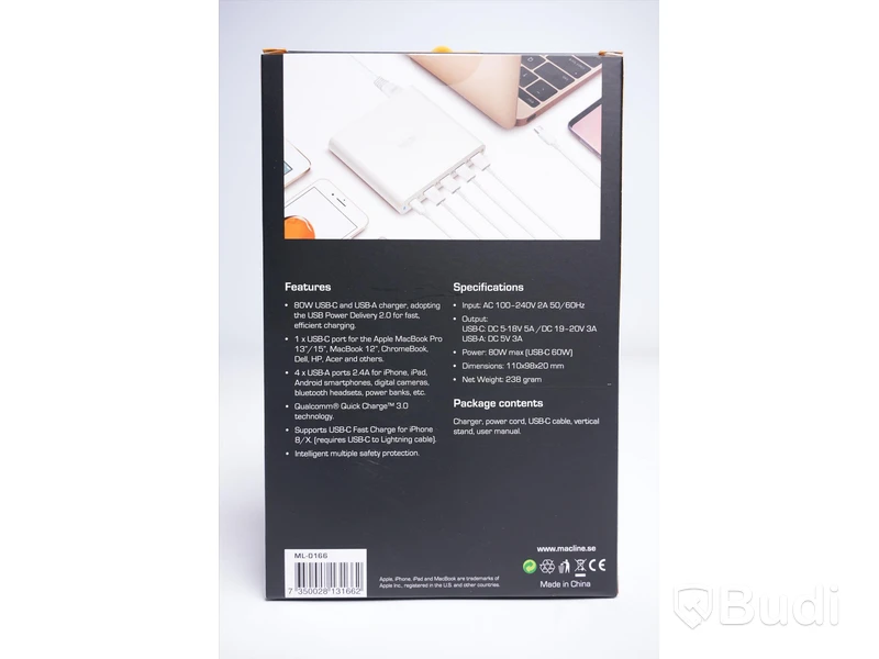 Laddare USB, MacLine Multicharger 80W 1xUSB-C och 1xUSB-A. Ny, Obruten förpackning.